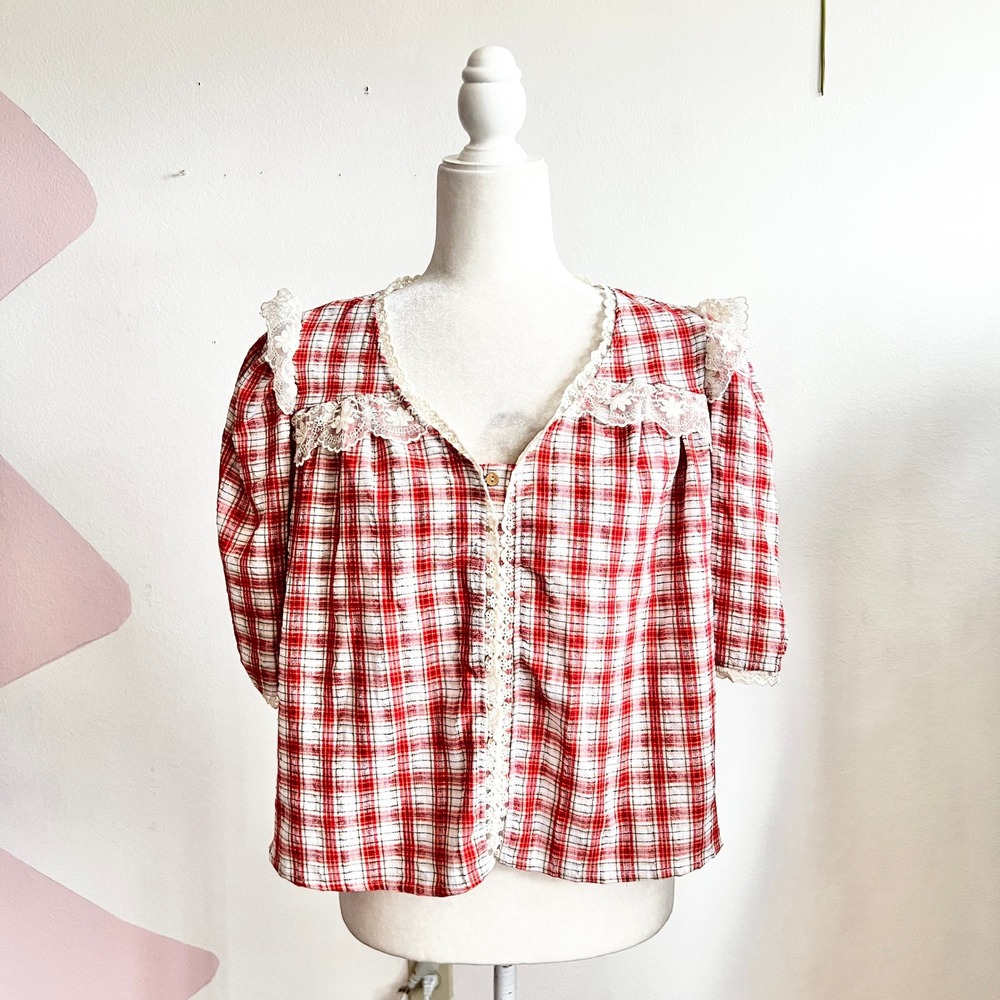 Red Plaid Puff Sleeve Top Cottagecore‎ Milkmaid Blouse Romantic XL